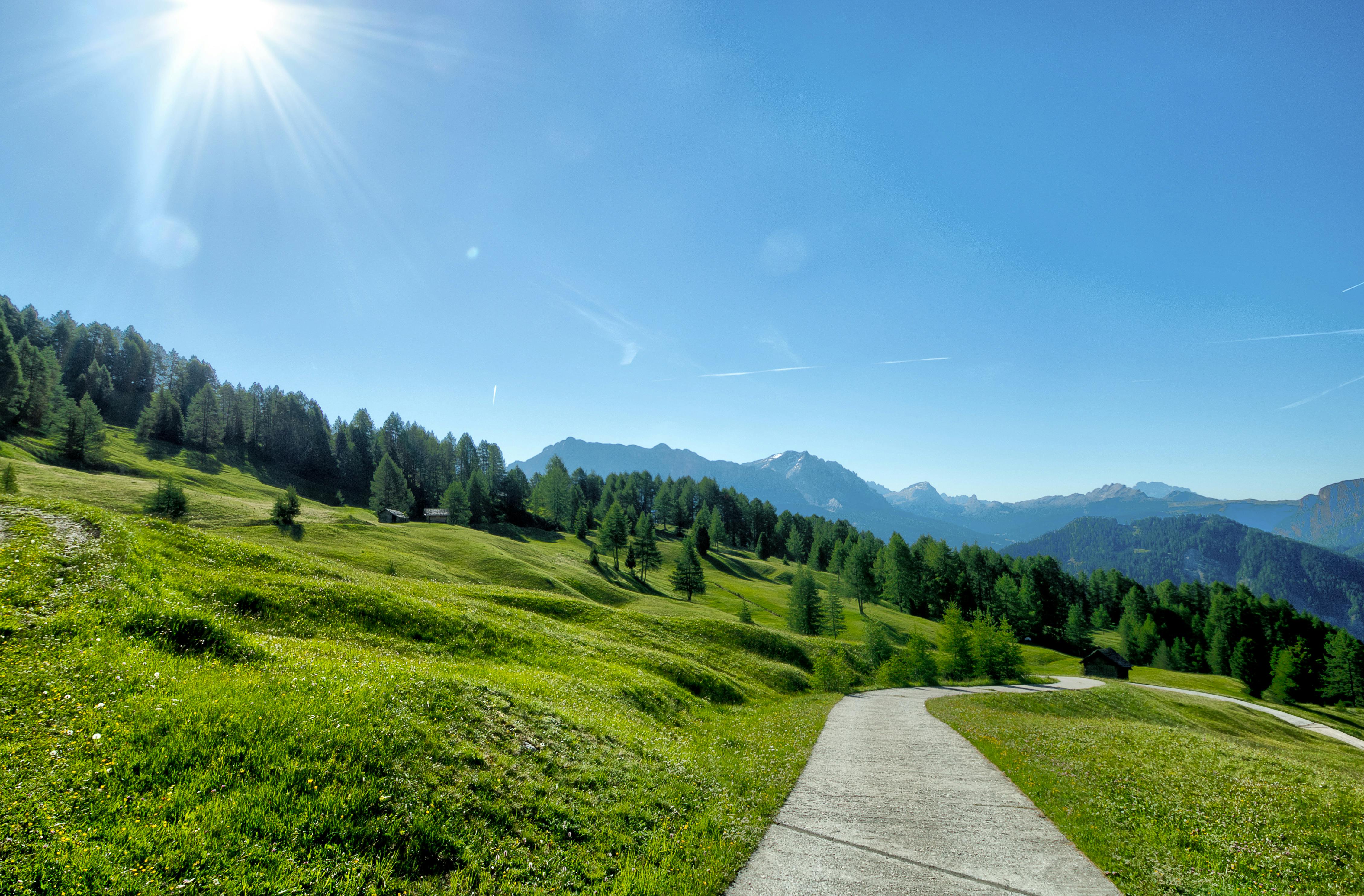 Grüne hügelige Landschaft mit hohen Bergen
